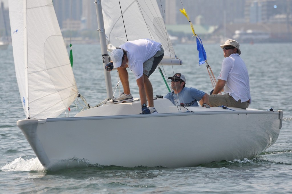 Peter Wickwire, James Barnash, Tim Bishop going upwind - York/Stolz Match Race © David Jarvis RCYC Match Racing